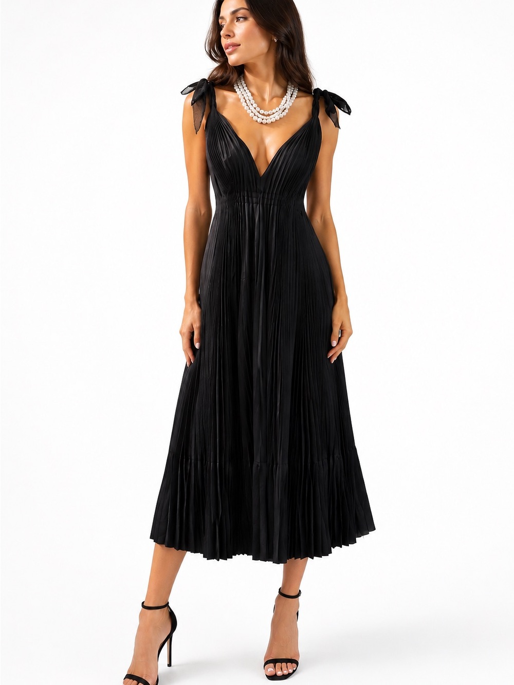 Donna Karan Black Pleated Tie-Shoulder Midi Dress